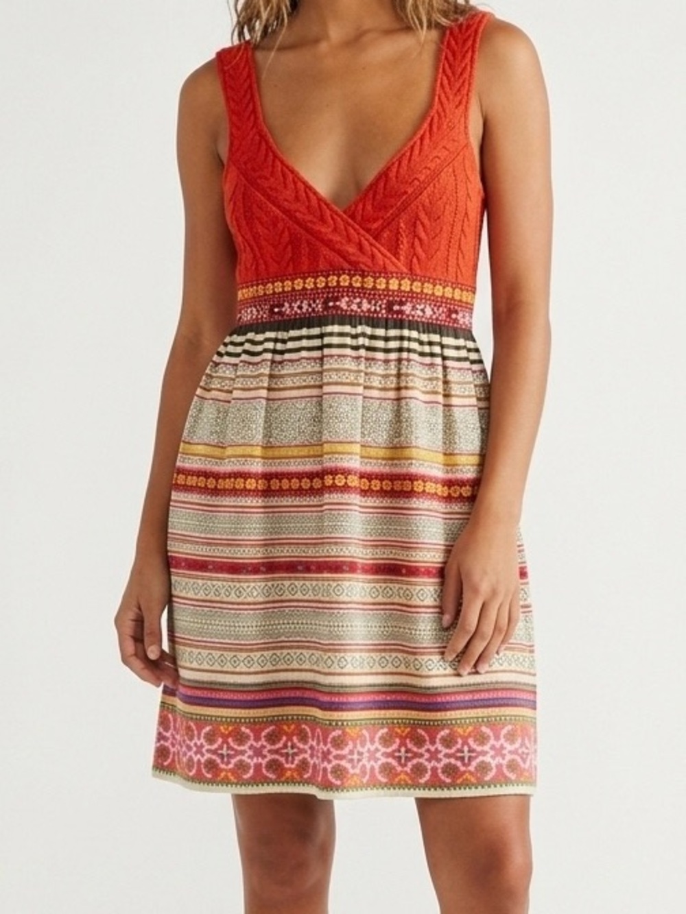 Free People Embroidered Boho Mini Dress Orange Cable Knit V-Neck Size 2